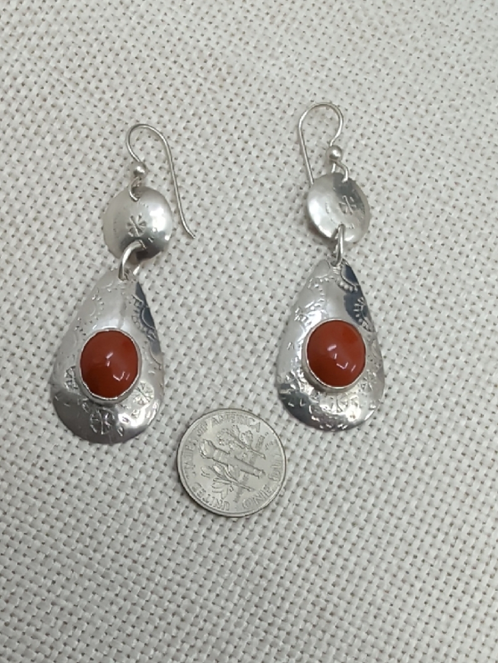 Vintage Sterling Silver Red Coral Cabochon Teardrop Dangle Earrings Artisan - Picture 5 of 17